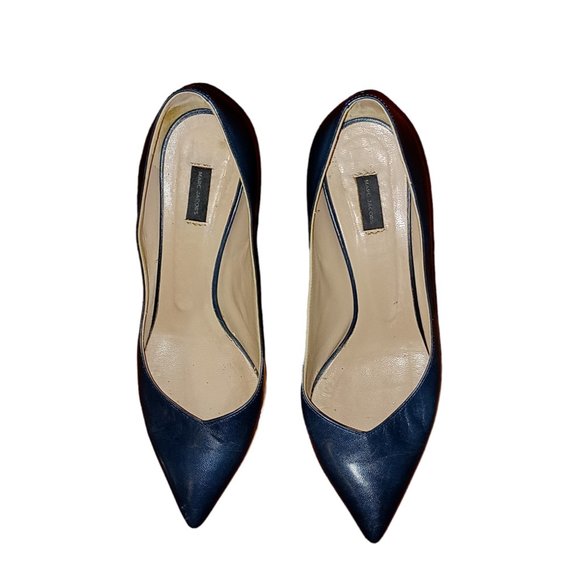 Marc Jacobs Size 37 Navy Blue Leather Point Toe Snake Skin Round Chunky Heel - Picture 6 of 7